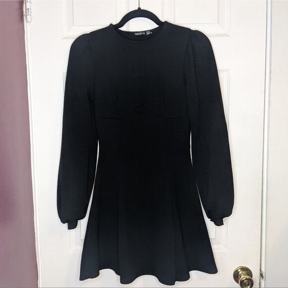 Boohoo Black Bust Detail Blouson Sleeve Skater Goth Witchy Dress UK 10 US 6 - Picture 2 of 12